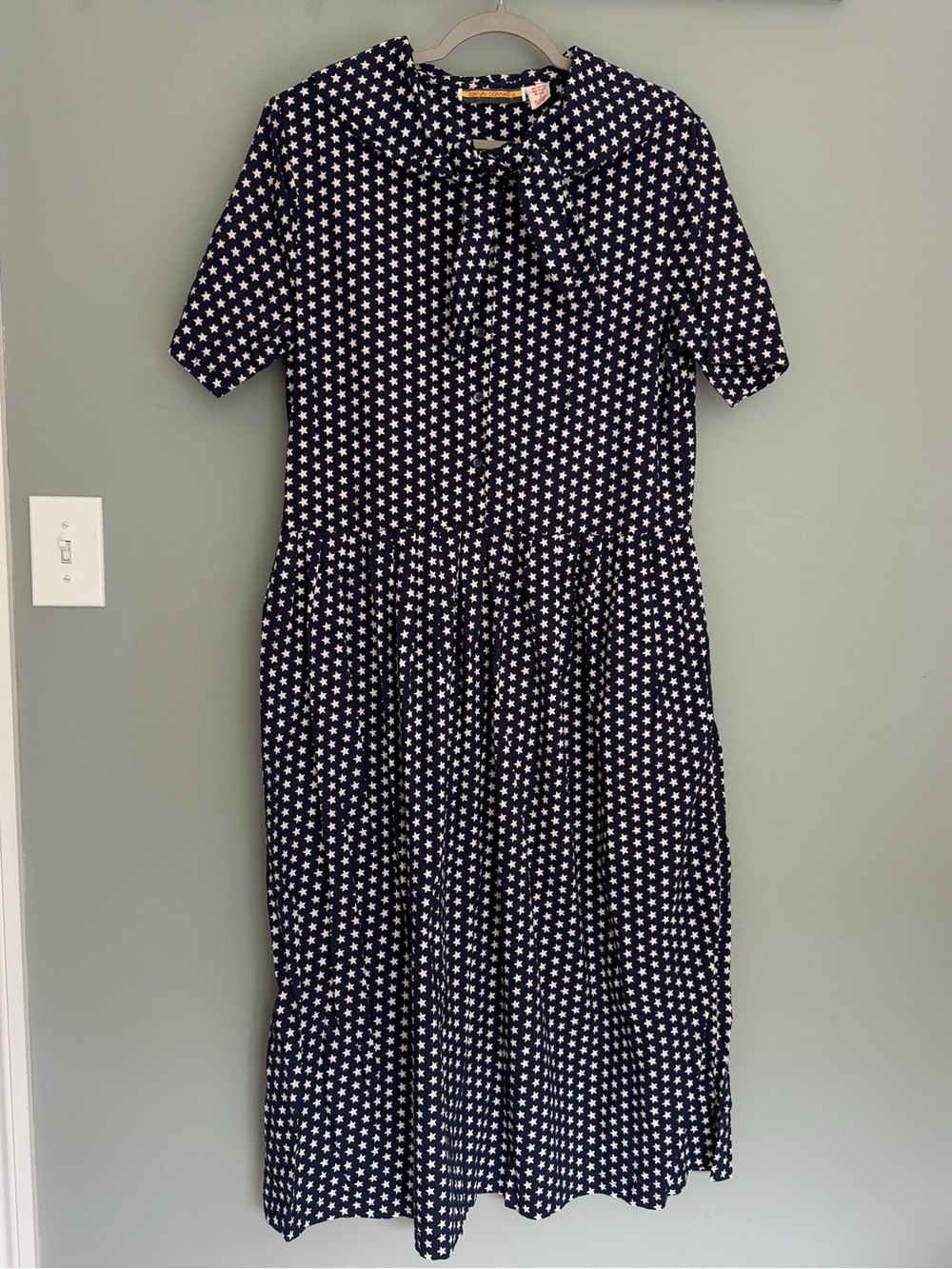 Vintage Bryn Connelly White Star Navy Blue Neck Tie Dress East Coast Americana